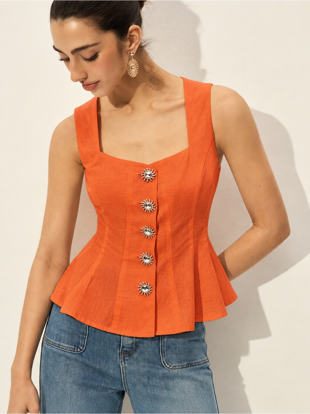 160 Square Neck Button-Front Peplum Top